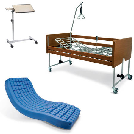 Letto elettrico in legno con sponde + Materasso antidecubito + Vassoio